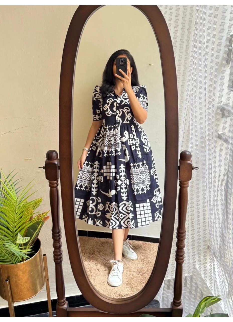 Navy Blue Printed Cotton Midi Gown Dress